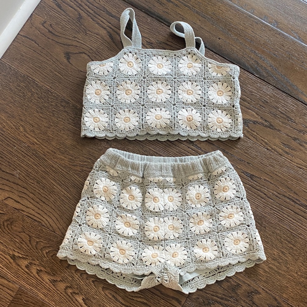 Rylee + Cru Gray and Cream Crochet Kids Matching Set